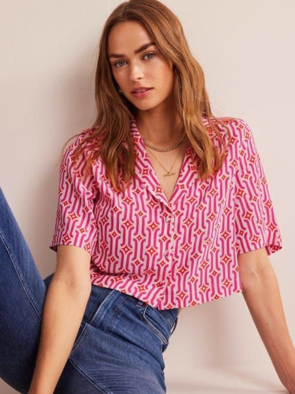 BODEN Revere Geometric Print Cropped Short Sleeve Shirt Festival Pink Sz US 12